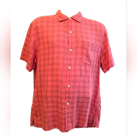 Tommy Bahama Other - 335 Tommy Bahama Men's Medium Pink Plaid Silk Blend Short Sleeve Button-Up Shirt